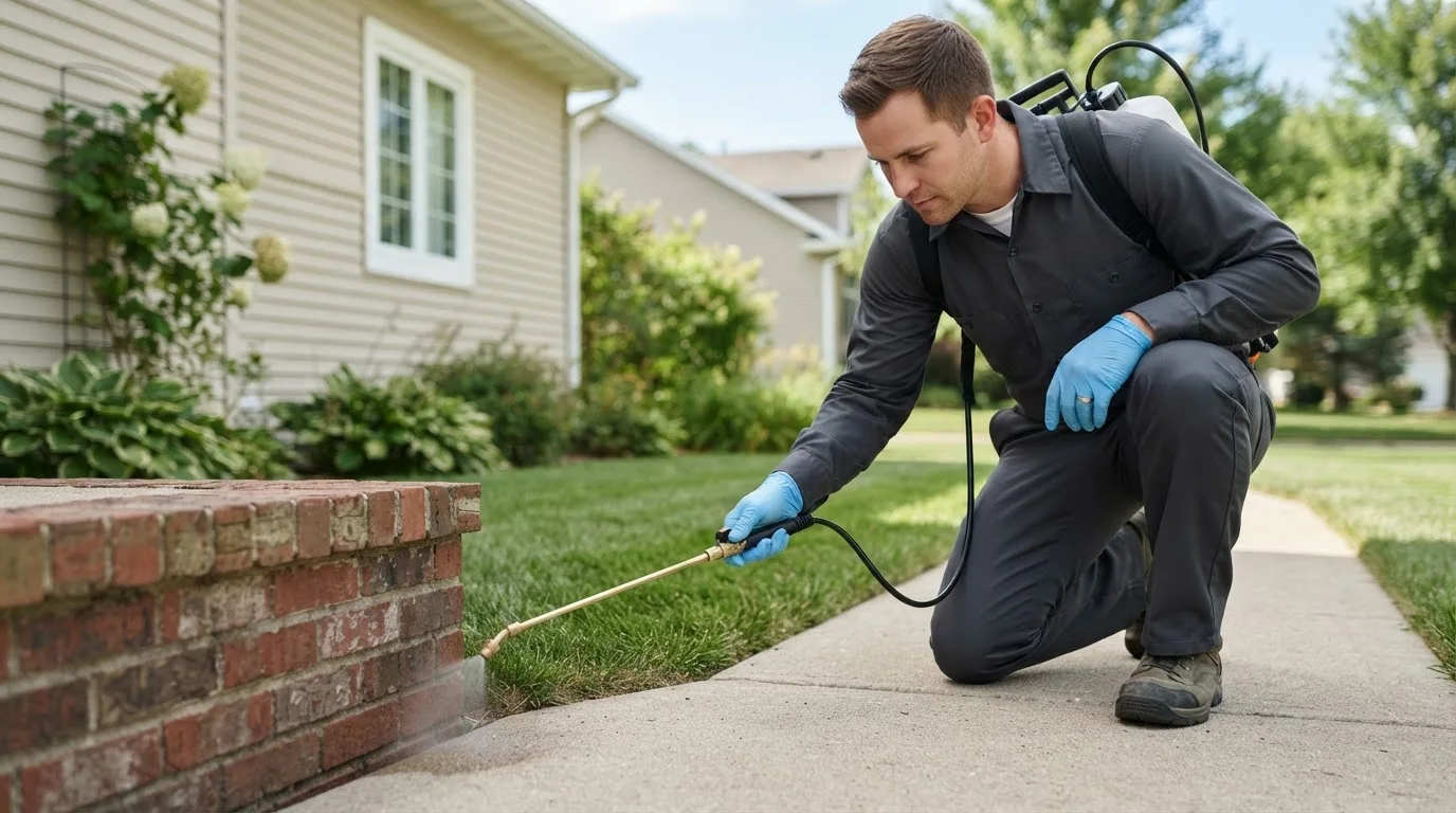Pest control technician treating a home near Wild Horse, CO